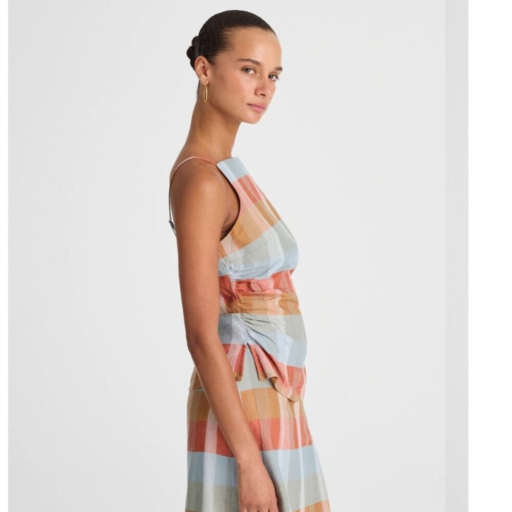 NWT Madewell Ruched Squareneck Tank in Linen-Cotton Blue/Orange 6 - Picture 6 of 13